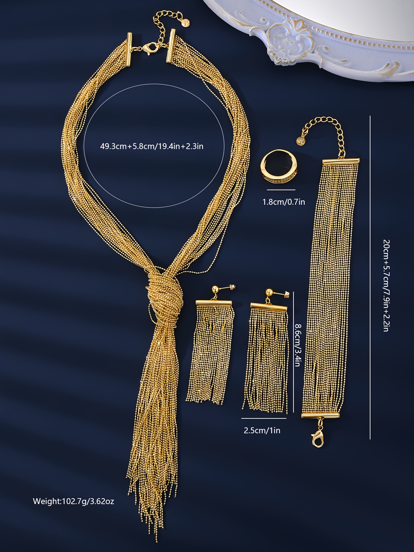   luxury hip hop style 18k golden plated copper jewelry set hollow tassel earrings tassel necklace ring and bracelet set for   and wedding accessories gift   and party occasions details 1