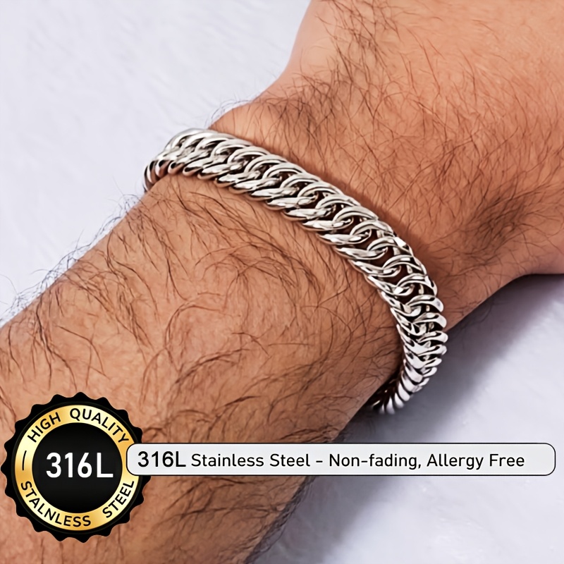 TEMU 1pc 7mm Wide 316l Stainless Steel Double-layer Cuban Link Bracelet, Men's Fashion Hip-hop Accessory, Gift For Boyfriend Or Father,