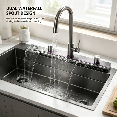 black stainless steel kitchen sink with led ambient light deep dual bowl scratch resistant modern installation