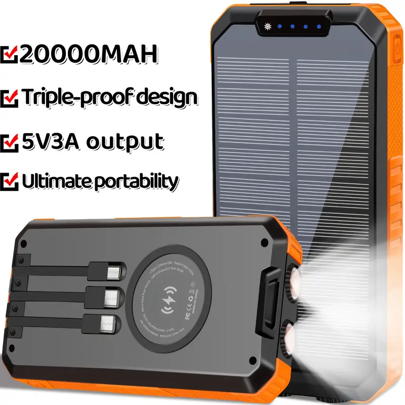 solar power bank with solar charging & usb-c fast charging, 20000mah portable charger with built-in flashlight, triple cable (3a output, wireless charging, compact & rugged design for camping, emergencies, travel - compatible with smartphones, tablets, laptops, outdoor electronics, camping essentials, durable construction, reliable performance, multidevice , techsavvy Product details 0