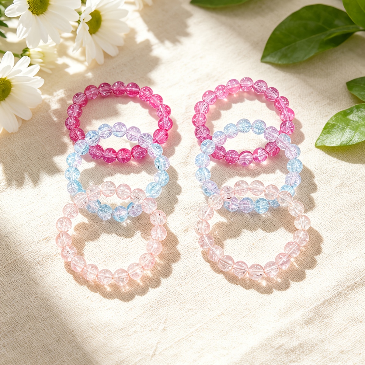 6pc Bohemian Pastel Crackle Glass Beaded Bracelets Set