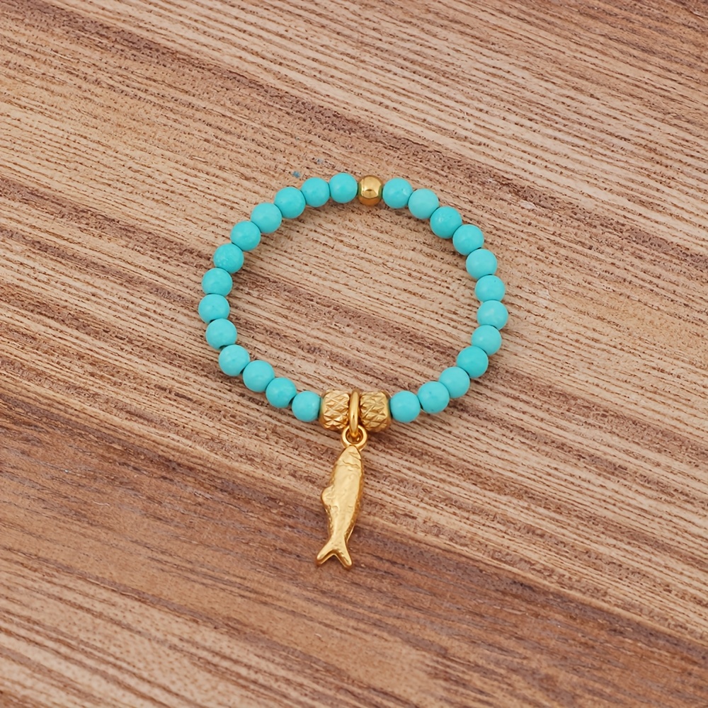Ocean Style Beaded Ring - Adjustable Turquoise Stone Ring with Charms