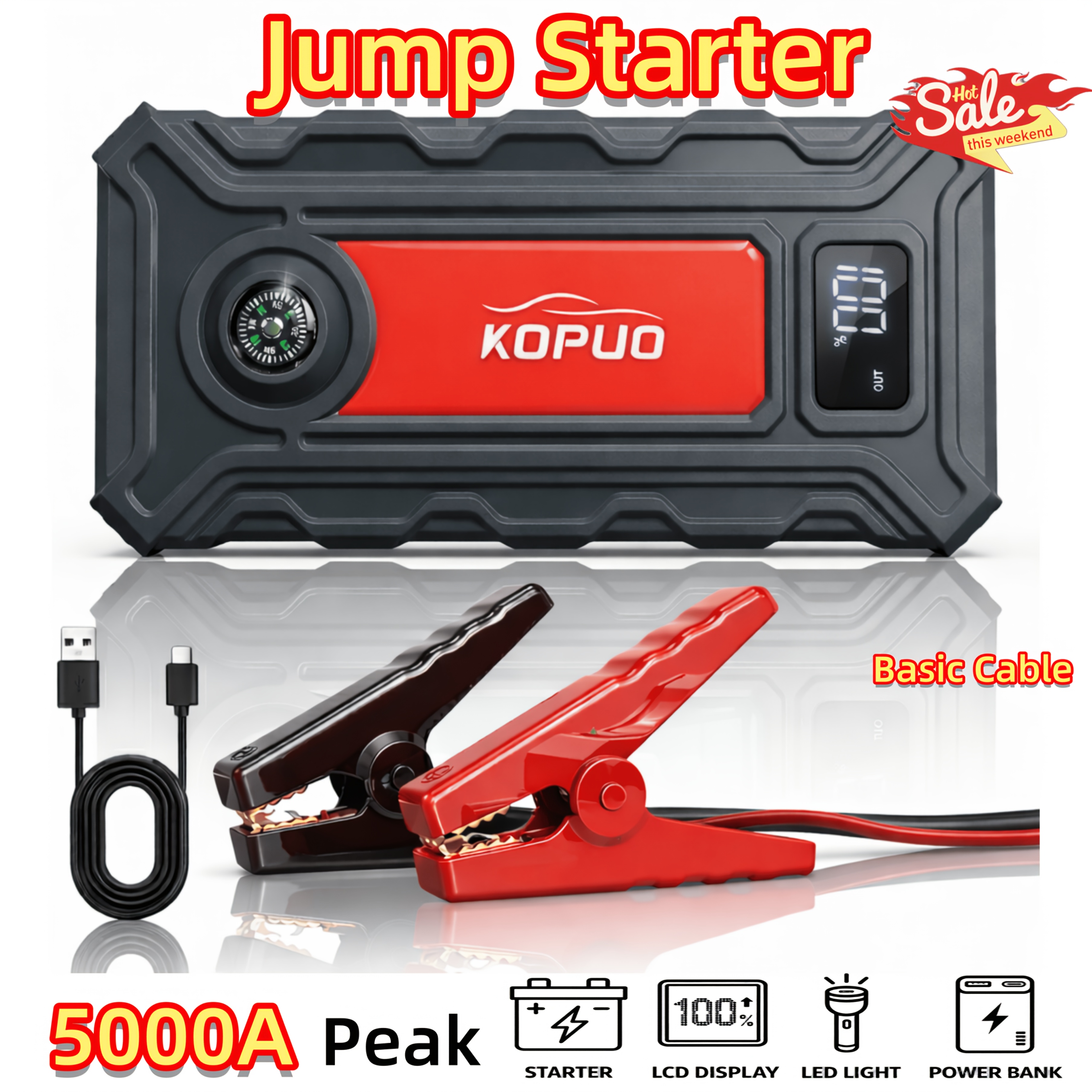 TEMU Konpcoiu 5000a/6000a Car Battery Jump Starter, Heavy Duty 12v Portable Auto Jump Box Battery (up To 9.0l Gas, 8.0l ), Advanced Lcd Display,