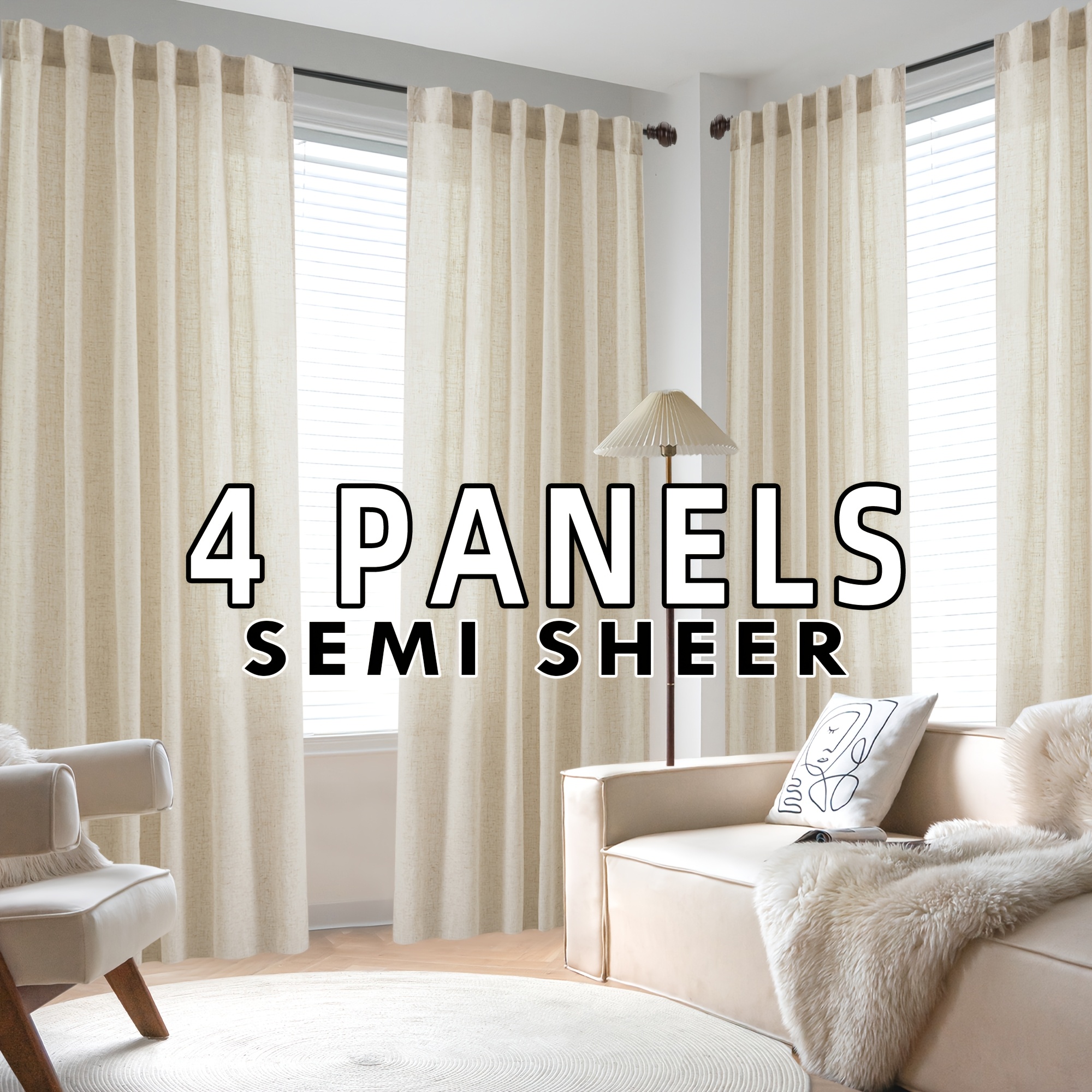 TEMU 4 Panels Natural Linen Curtains For Living Room Semi Sheer Farmhouse Real Flax Rod Pocket Back Tab Boho Rustic Light Filtering Window Drapes For
