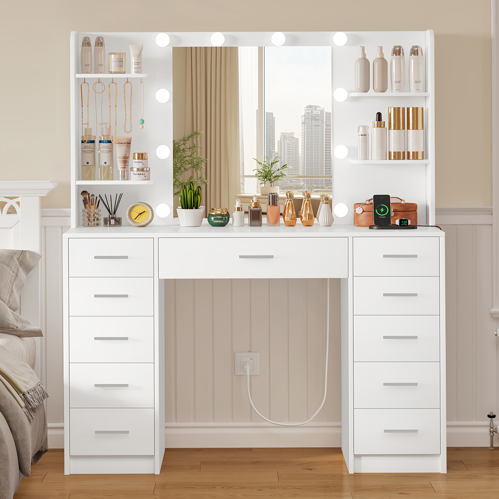 TEMU Coiffeuse avec , éclairage LED et prise de , table de maquillage avec 11 tiroirs et 4 étagères de rangement, table de toilette pour chambre et