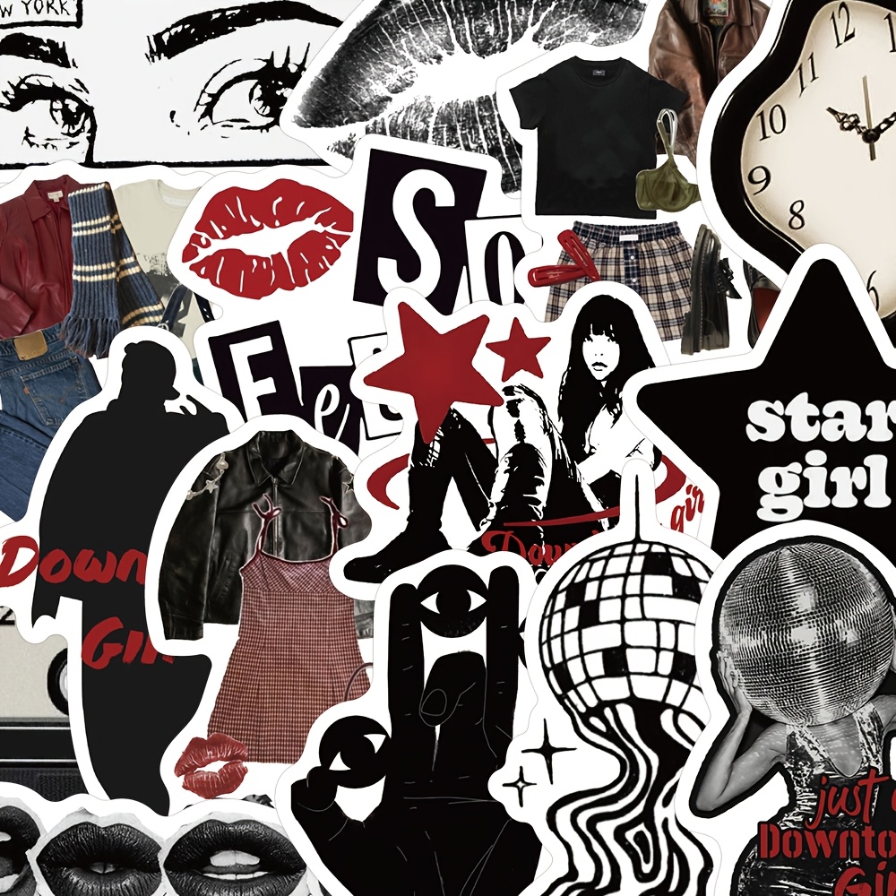 

50pcs Ywwbld Black Y2k Stickers - Pvc, Retro Pop & Music Themed Decals For Diy Scrapbooking, Laptops, Phones, Guitars