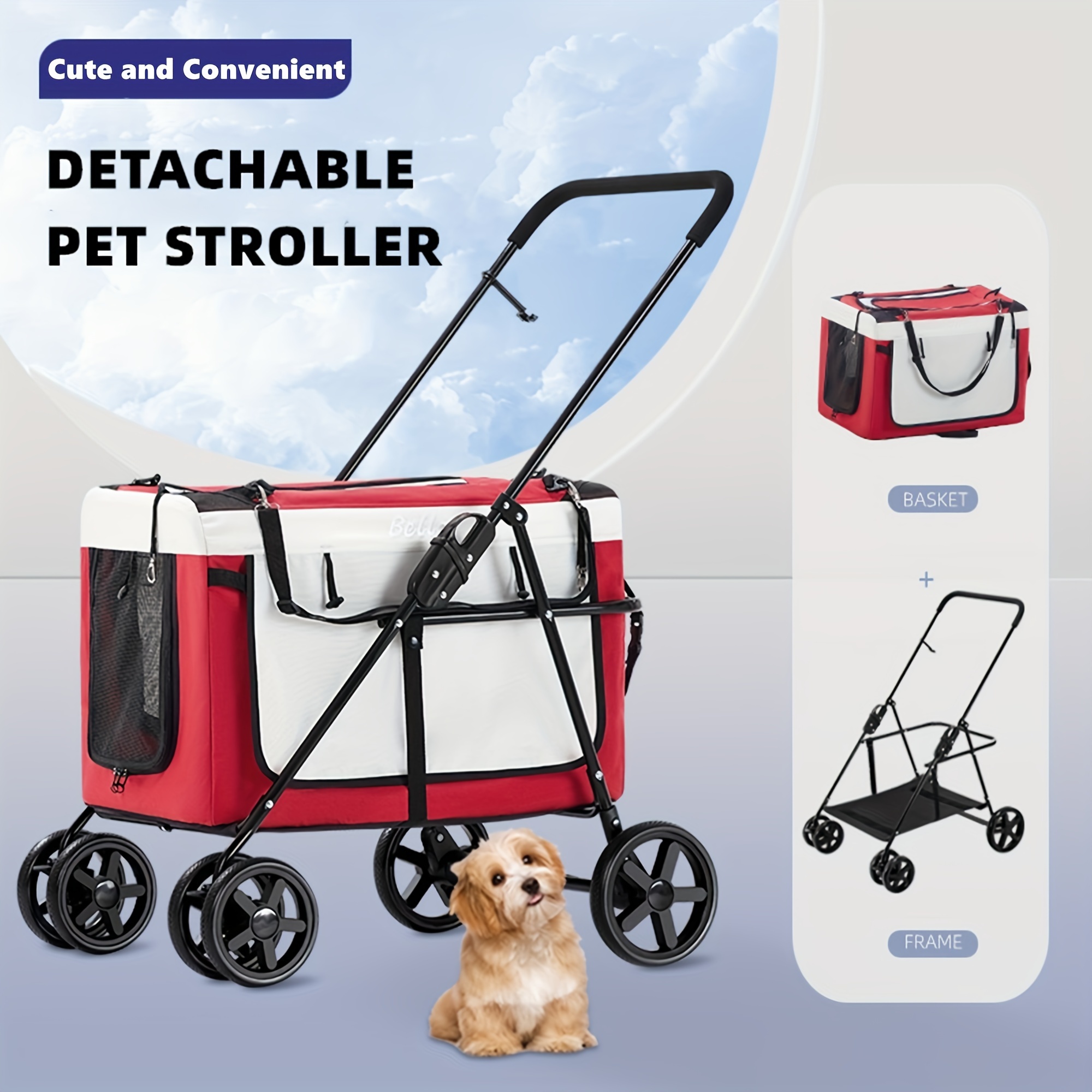 Cochecito para perro, cochecito para mascotas, 4 ruedas, carrito plegable  de viaje impermeable, para cachorros, perros pequeños, gatos, con soporte