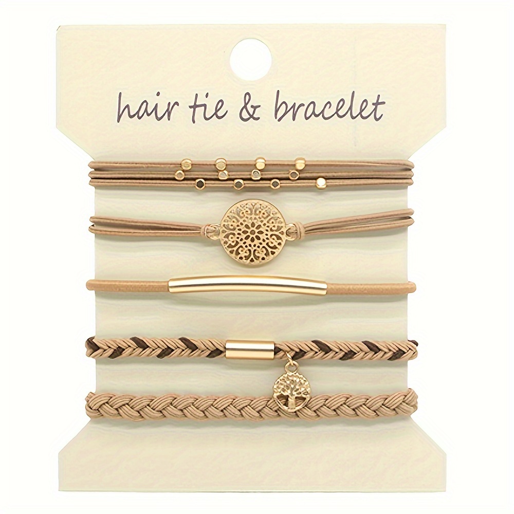 E-shop 5er-Pack Damen Boho-Stil Armband Haarring Elastisches Armband, Pferdeschwanzhalter Elastisches Kein Schaden Geflochtenes Haarband, 5 Stile Mode