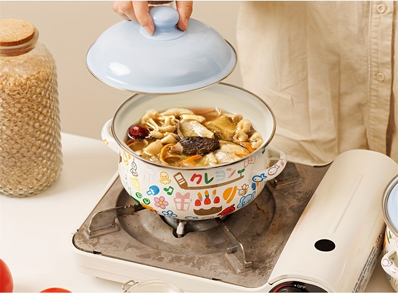 1pc enamel pot cute cartoon instant noodle pot   soup pot for home kitchen double ear pot enamel porcelain food grade details 2