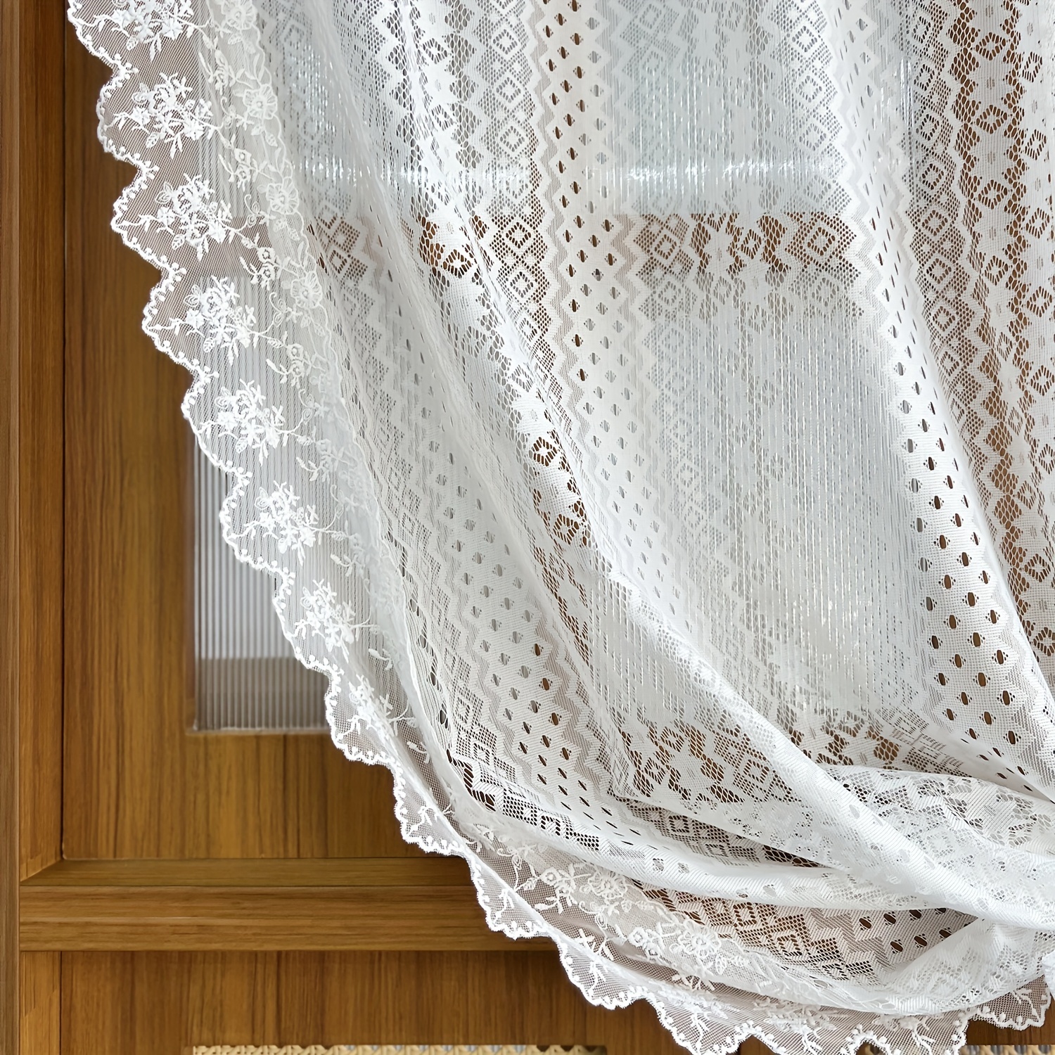Image of 1 Panel French Luxury Vintage Lace Tulle Curtains Hollow Geometric Pattern Romantic Sheer Window Decoration For Living Room, Bedroom, Pole Pocket Top Drapes