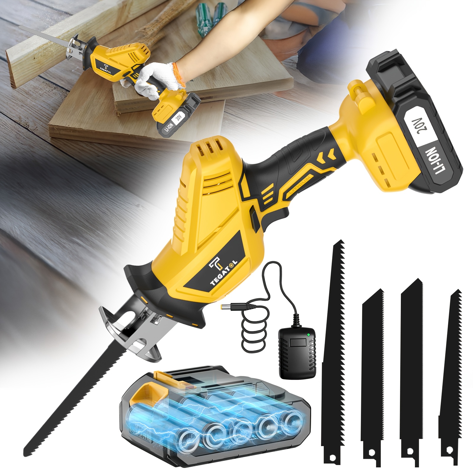 TEMU Scie sauteuse électrique améliorée 20V, équipée de 2 ou 1 batterie, 4 lames de scie remplaçables, adaptée pour couper , le métal et le PVC. Scie