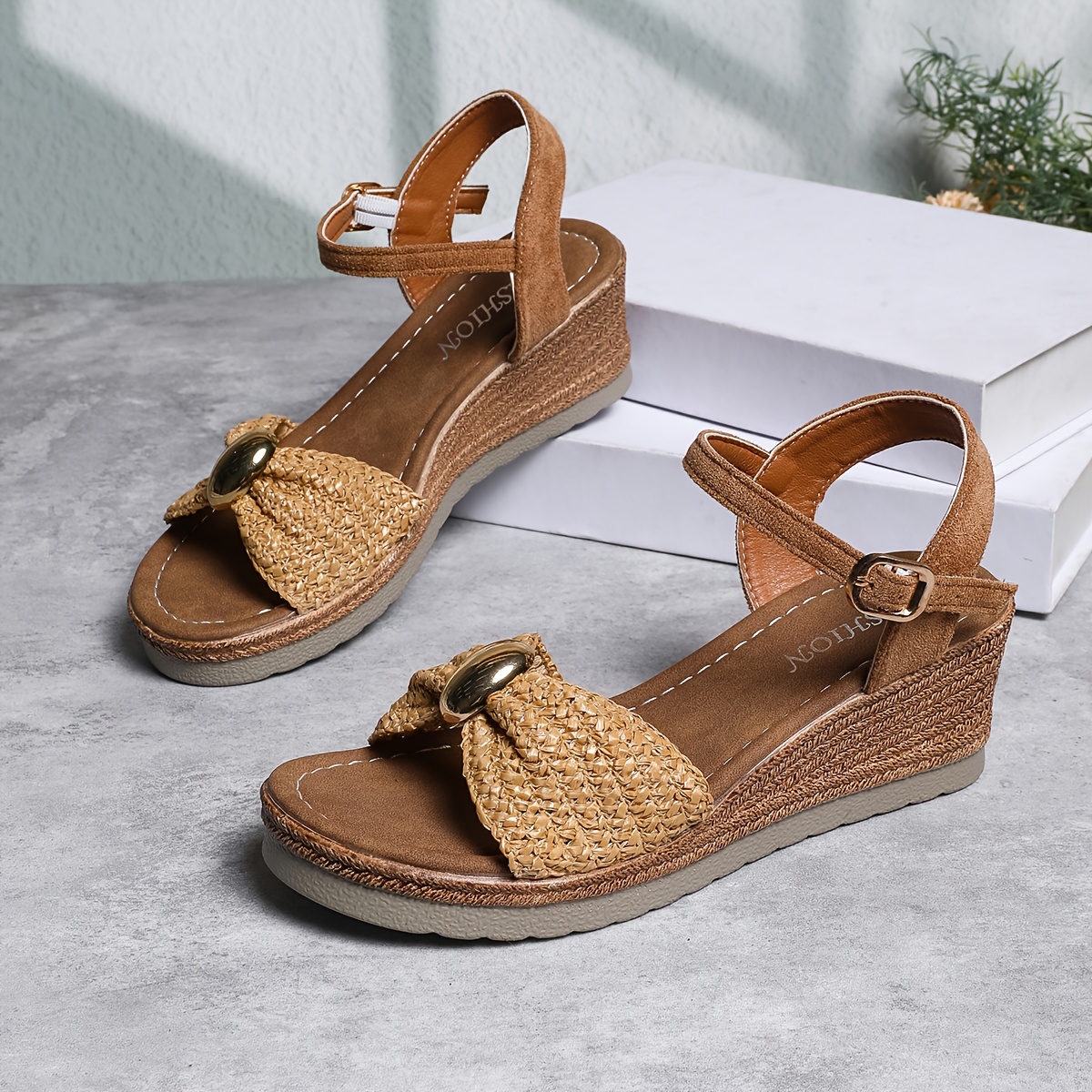 TEMU Sandalias para mujer, estilo bohemio, de moda, tejidas, con gruesa, correa de tobillo y hebilla de metal, sandalias vintage de vacaciones que