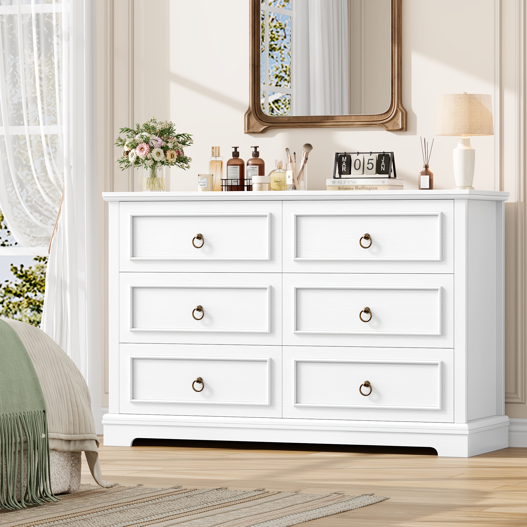 TEMU Kealive 6 Drawers Dresser For Bedroom, White Dressers Drawers With Pulls, Storage Dressers For Living Room, Entryway, Hallway, 84 X 120 X 39.5cm