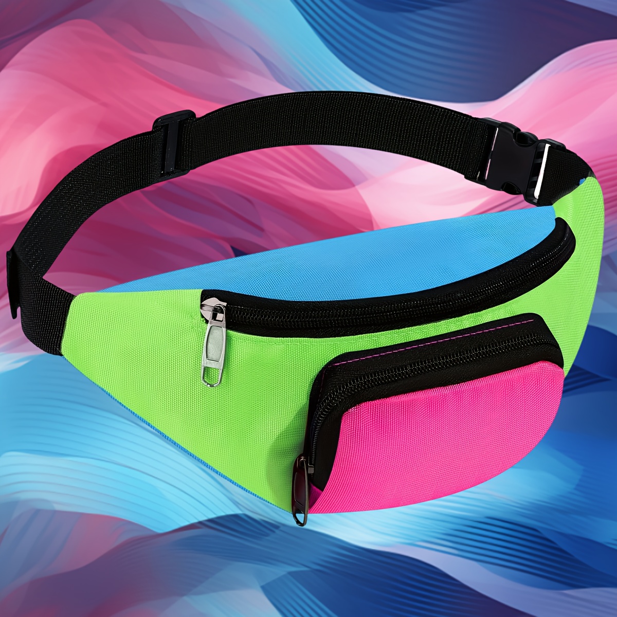 TEMU 1pc Unisex Vintage 80s Neon Light Waist Bag - Adjustable Nylon Belt Bag With 3 Pockets, Zipper Closure, Durable, Suitable For Travel, Festivals,