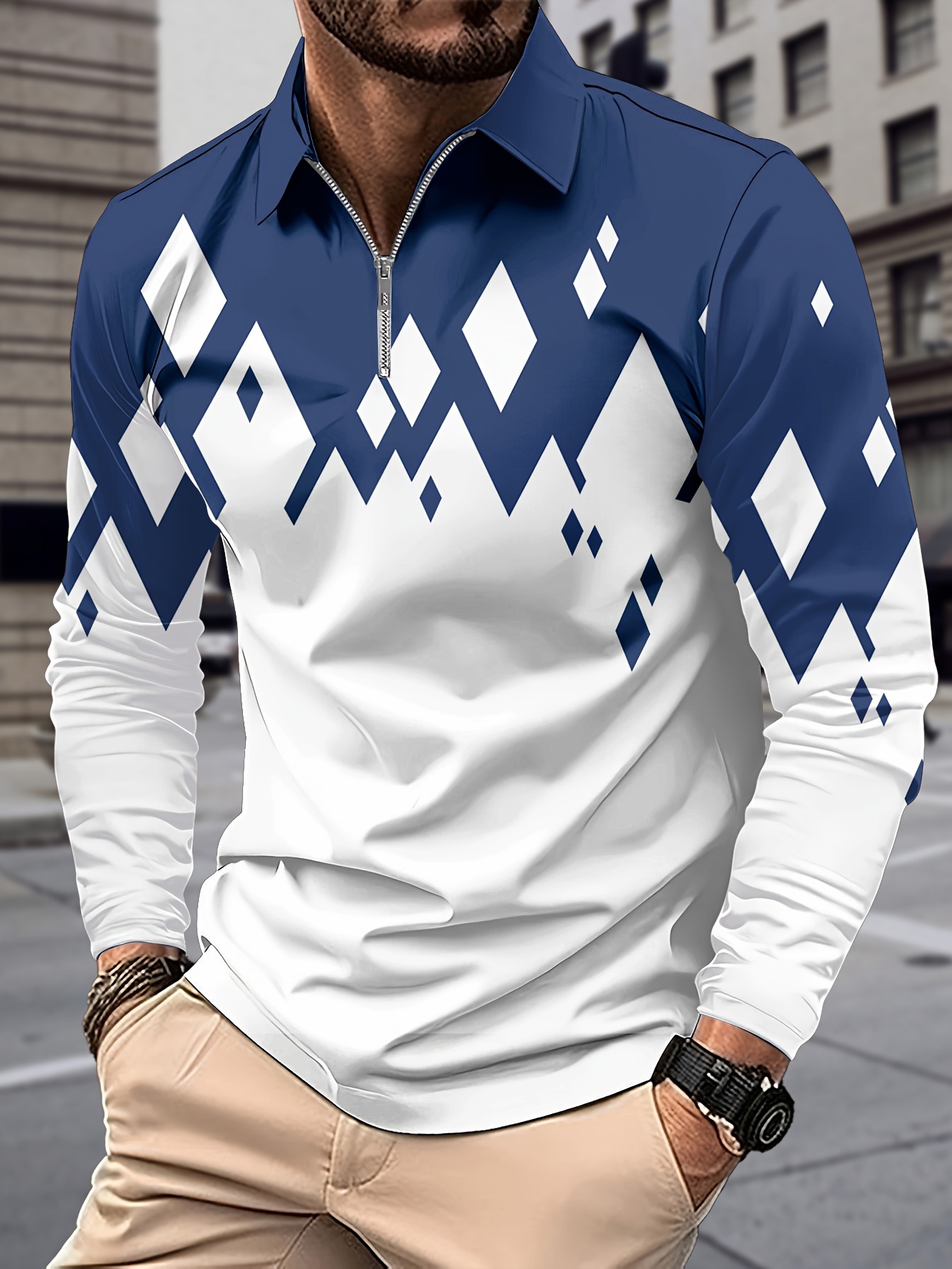 Casual Men's Color Block Long Sleeve Zipper Lapel Shirt - Temu
