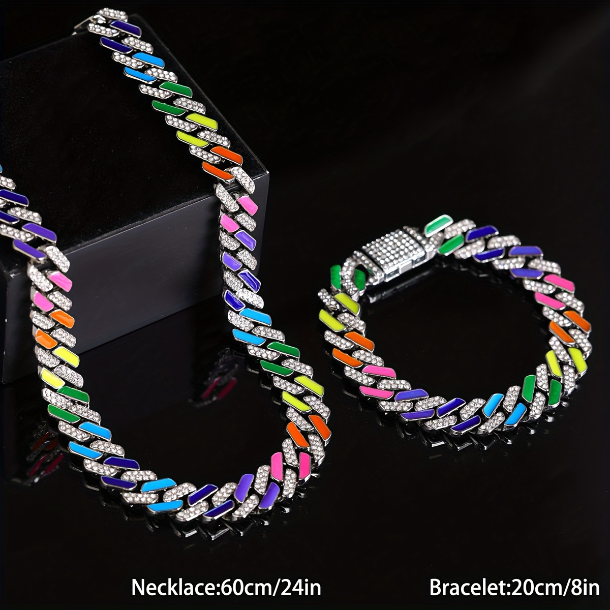 Image of 2pcs Of Hip-hop Fashion Style Colorful Spliced Innovative -shaped Men's Cuban Chain Fully Studded Necklace