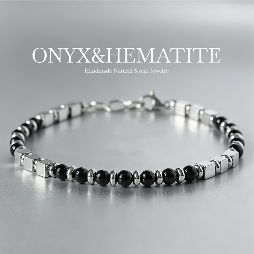TEMU Men's/women's Hematite & Beaded Bracelet, Black Round Beads With Silvery Square Hematite Beads, Minimalist Edgy Jewelry, Perfect Gift For Family