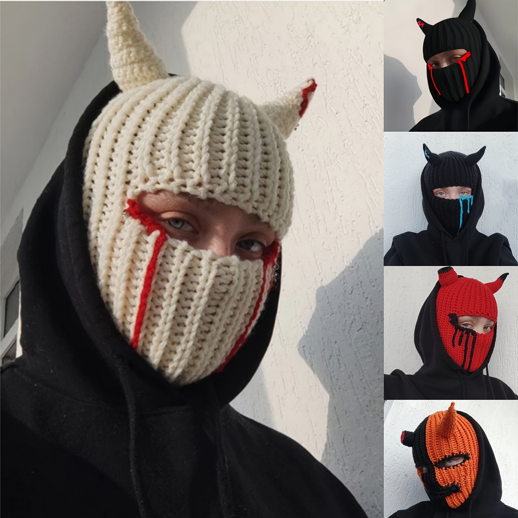 2pcs Men'S Funny Devil Horns Hat & Face Mask - Winter Warmth Headset with Expressive Eyes Cutouts, Soft Comfortable Party Costume Accessory for Halloween, Christmas, Themed Events - Multi-Color Options (Red/) - No Batteries/Electronics Required