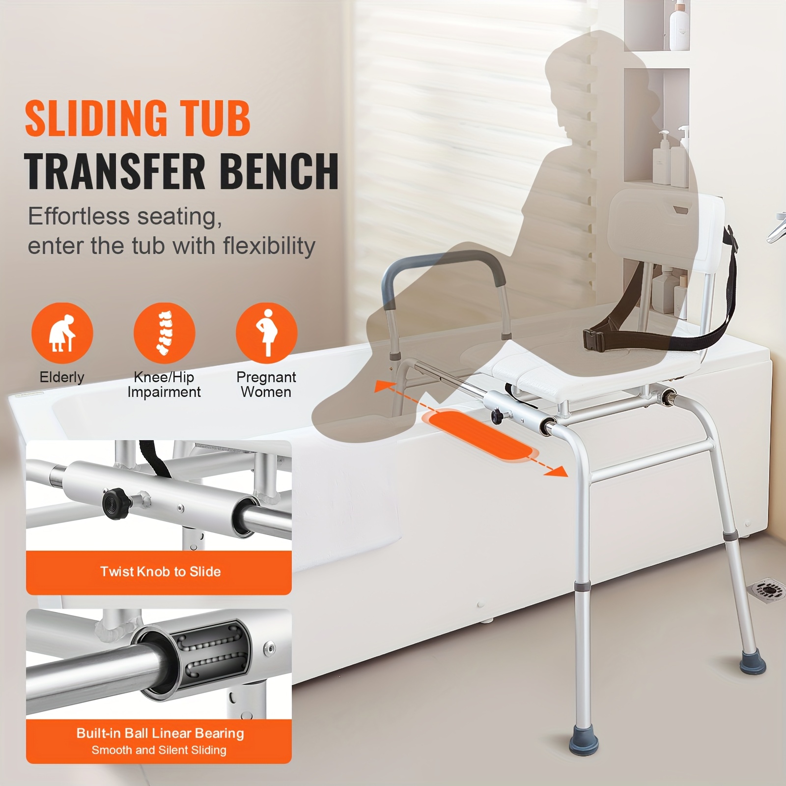 VEVOR Sliding Tub Transfer Bench Shower Chair & Cut-Out Seat Reversible Backrest, FBL650328/ FBL650329/ FBL650330