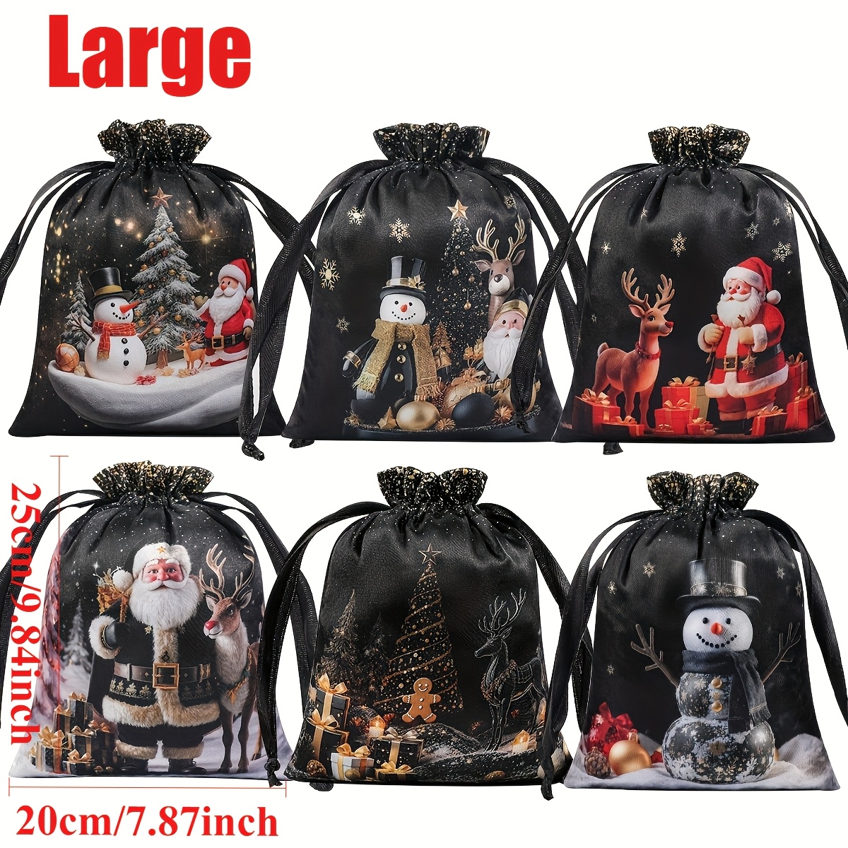 TEMU Gift For Her/him 6pcs Merry Christmas Drawstring Bags, Santa Claus Snowflake Gift Bags, Black Golden Christmas Drawstring Plastic Bags Christmas