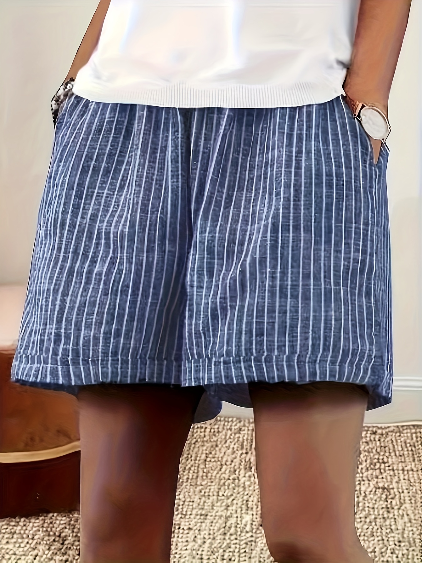 womens striped pocket shorts summer casual wide leg elastic waist shorts