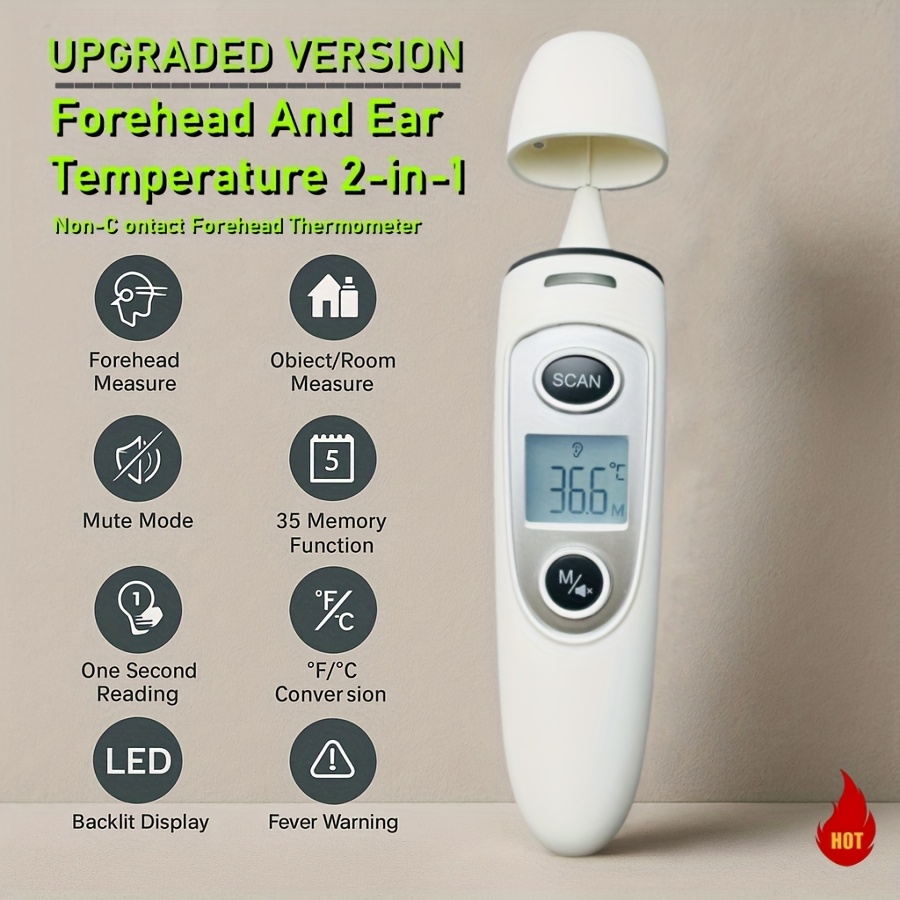 KINGCLINIC 2025 2-in-1 Non-Contact Thermometer for s & - Instant 1-Second Accuracy Forehead & Ear Thermometer with LCD/OLED-like Display, Battery- Grade Infrared Thermometer for Home, Travel,, Sickness Monitoring