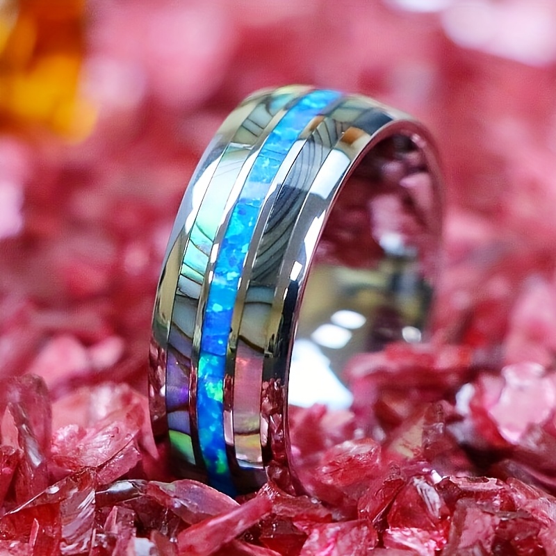 E-shop 8mm Mode 316L Edelstahl Ring für Damen und Herren, Abalone Blaue Kuppel Polierter Ehering, Schmuck Geschenk