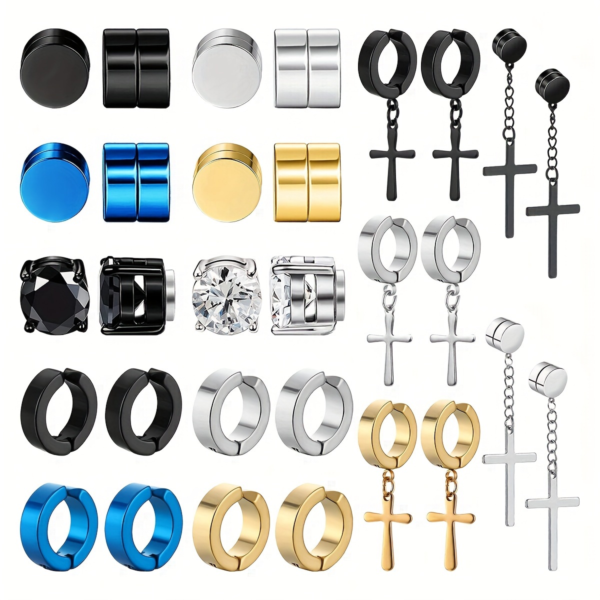 Image of 30pcs Of Punk Style Stainless Steel Magnetic Clip Earrings, Pendant Earrings, Cz Non Perforated Neutral Round Earrings, Suitable For Men And Women, Suitable For Any , As A Gift