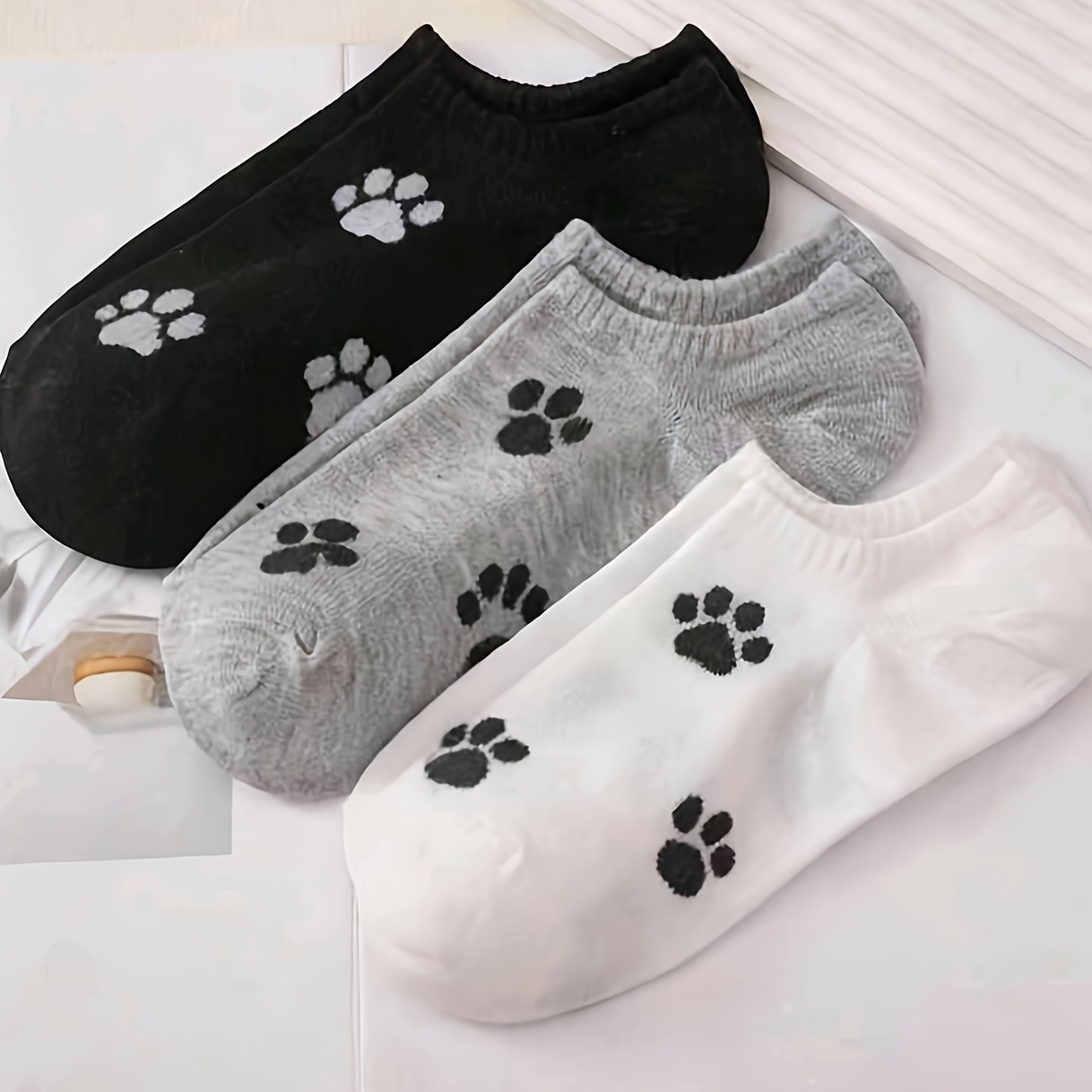 3 Pairs Women's Black White Gray Contrast Cute Cat Paw Pattern Boat Socks Fresh All-match