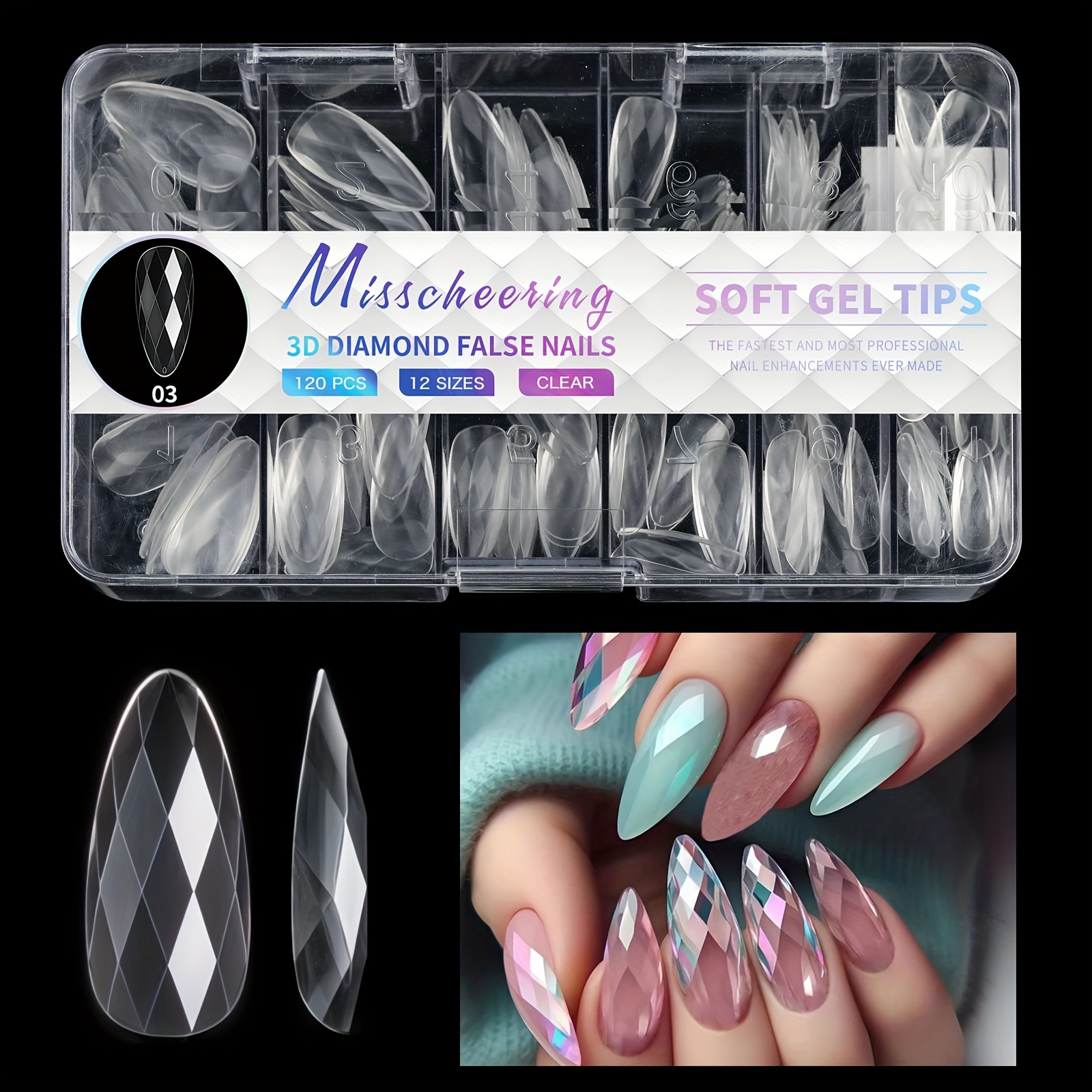 120/140pcs Diamond Face Rhombus Artificial Acrylic Almond Ballet False Nail Tips Press On Nails