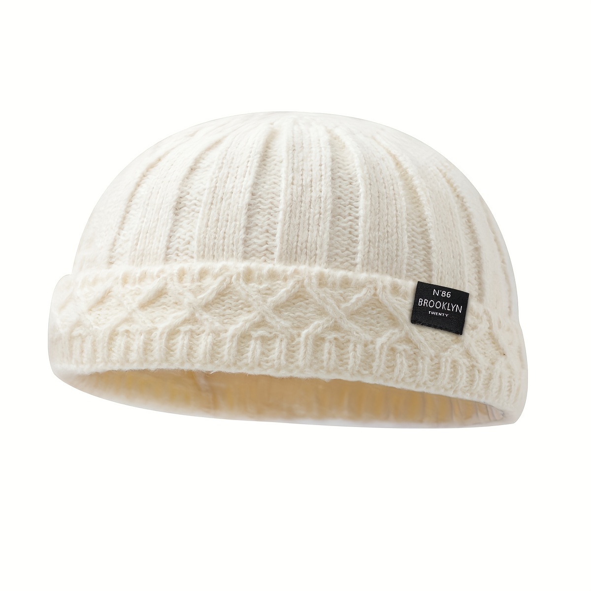 E-shop 1 Stück Weiche Strickmütze mit gerolltem Saum & Brooklyn-Patch-Logo – Randlose Wintermütze, Mehrfarbig (Beige/Schwarz/Rot/Weiß/Gelb) –