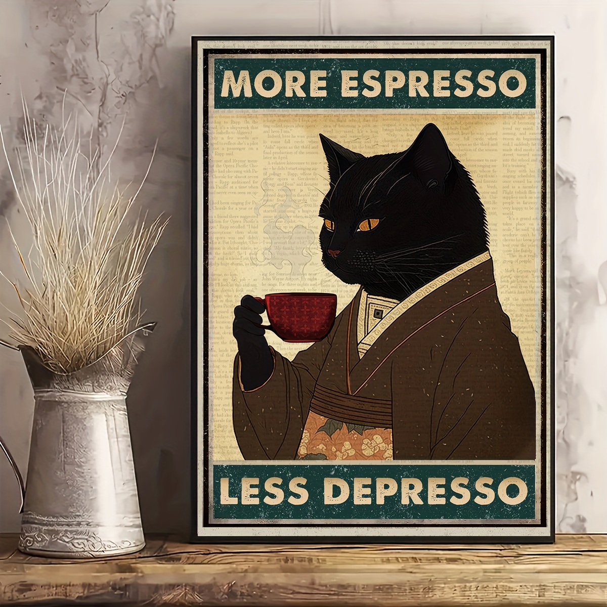 

Vintage Black Cat Espresso Art Poster - Unframed Canvas Wall Art For Bedroom, Living Room, Hallway - Modern Home Decor - More Espresso Less Depresso Canvas Print - Ideal Gift For Coffee Lovers