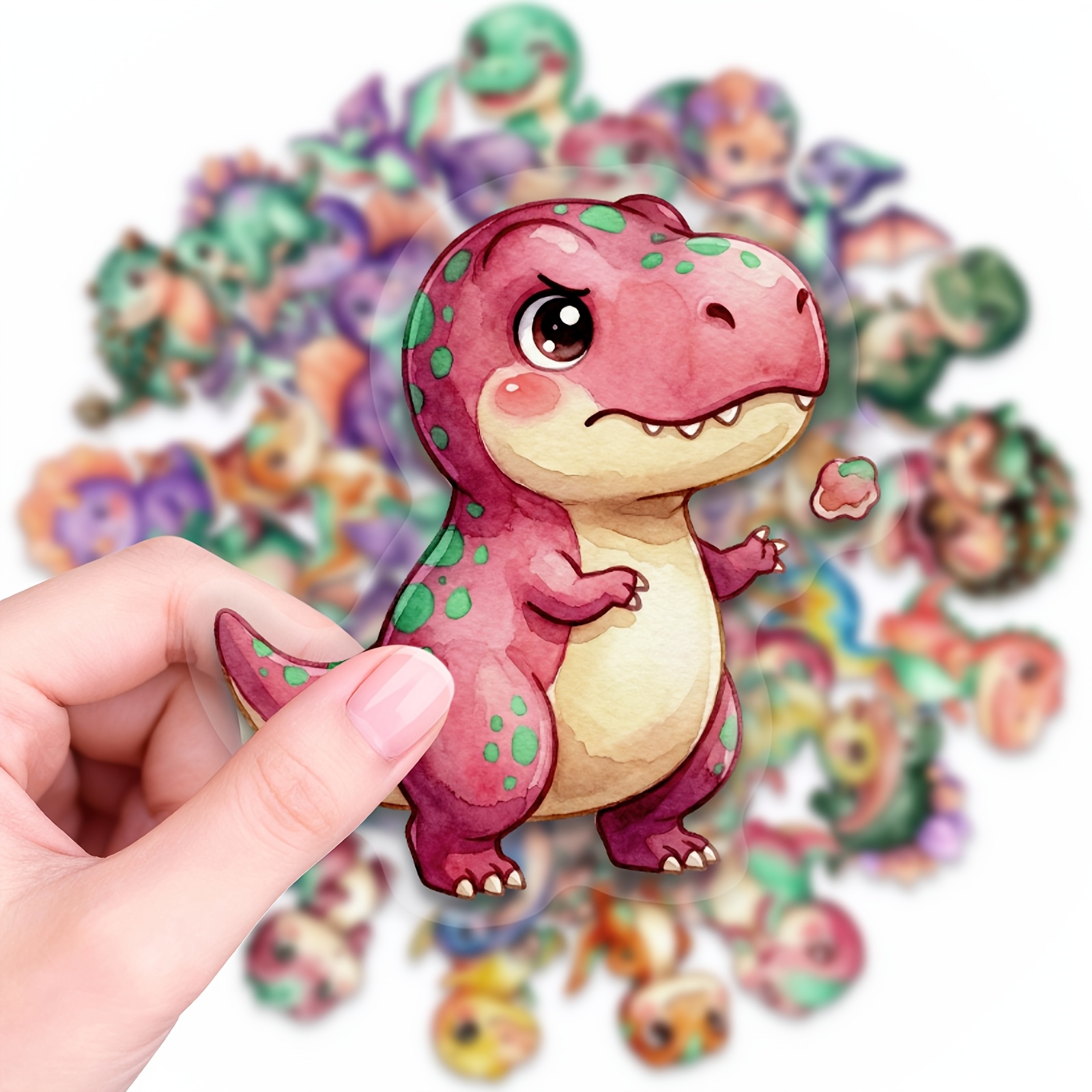 Image of 50pcs Watercolor Style Dinosaur Stickers, Pet Transparent Stickers, Removable, No Repeated Patterns. Ideal For Laptop, Water Bottle, Phone, Journal, , Bumper, Skateboard, Motorcycle, Luggage.
