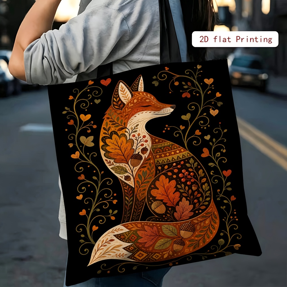 TEMU 1pc Patterned Fox Handbag, Foldable Bag, Large Capacity Tote Bag, Double-sided Printed Reusable Shopping Bag, High Capacity Durable Fixed
