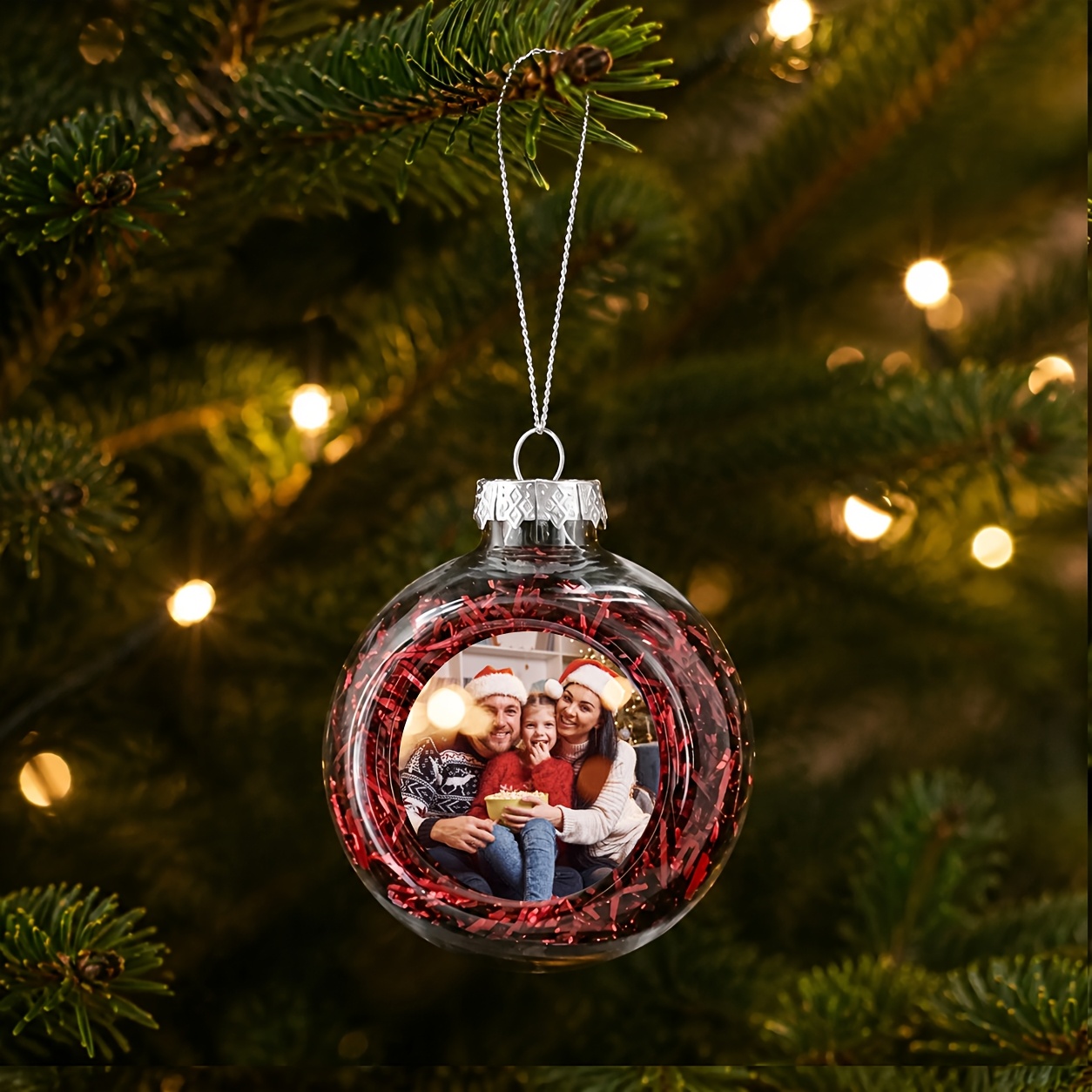 TEMU 1pc Personalized Photo Christmas Ball Ornaments - Family Couple Pet Picture Pendants With Your Own Picture, Transparent Plastic Tree Decorations