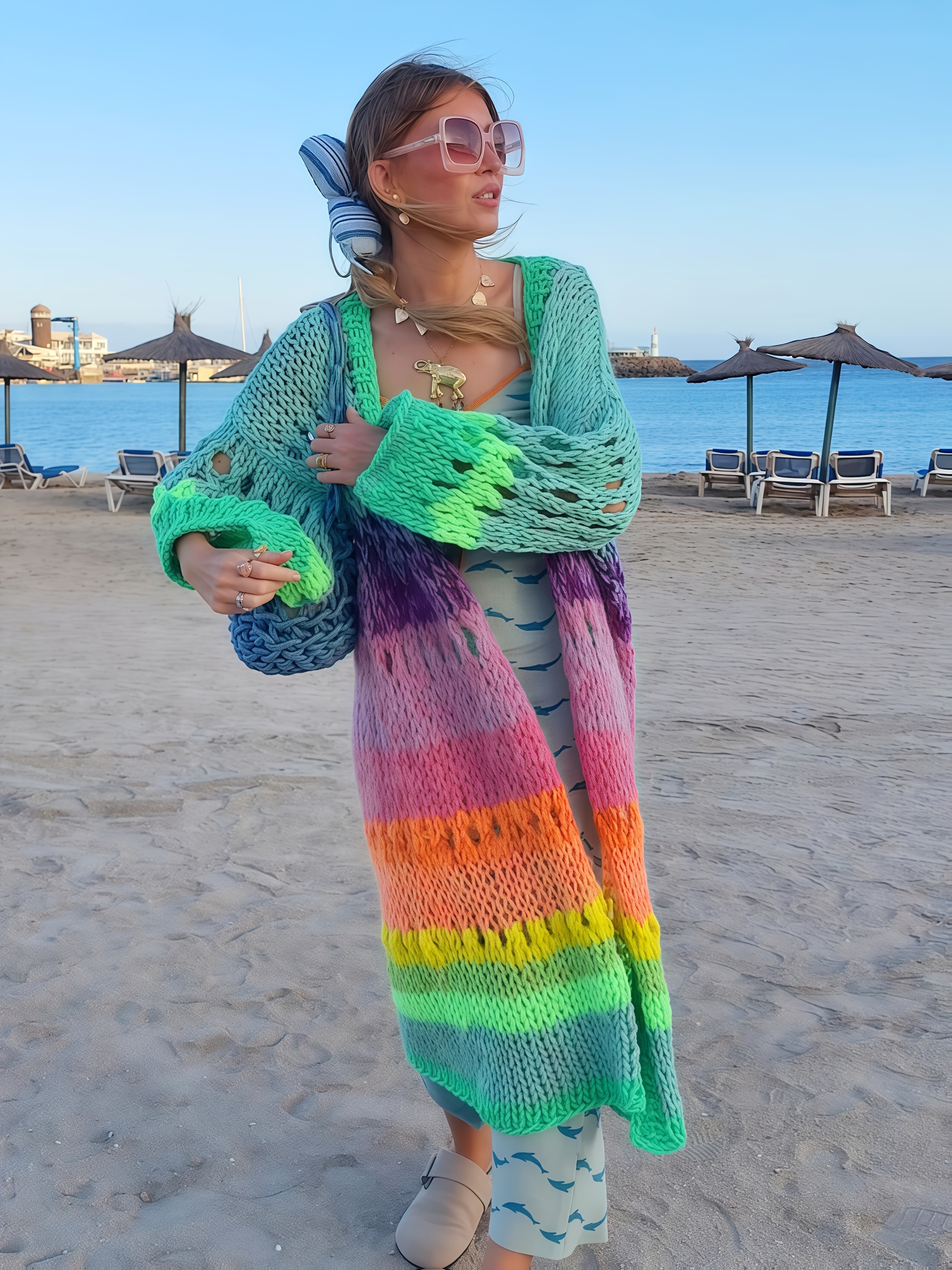 luxurious hand colorful women's warm coat gradient bright Temu