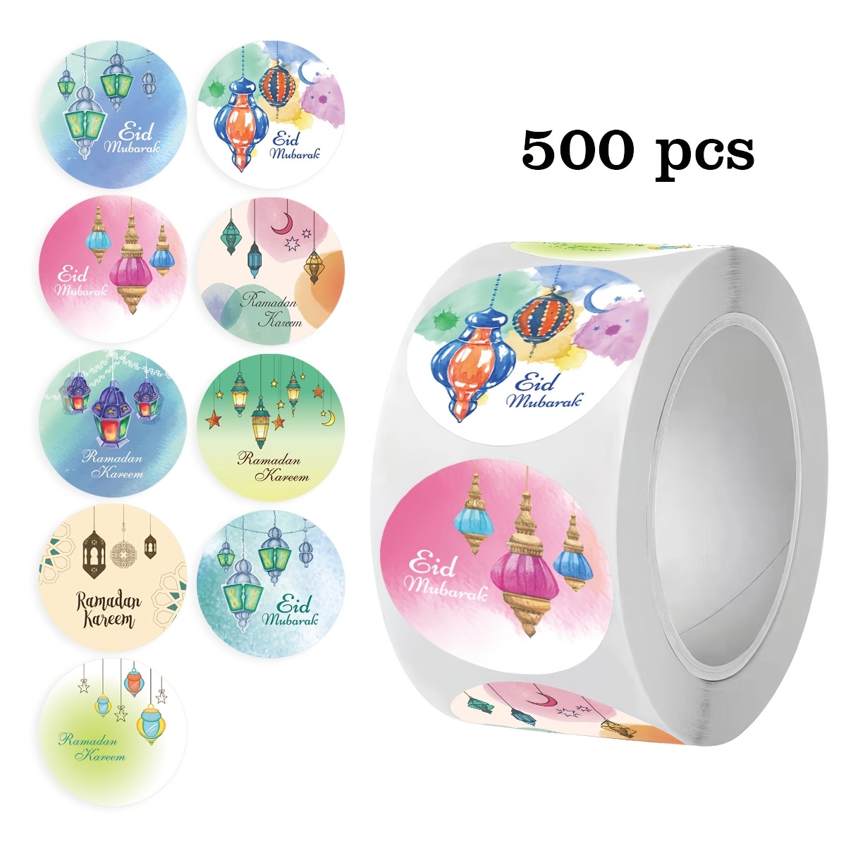 

500 Stickers Per Roll, Ramadan Cartoon Lantern Watercolor Gradient Self-adhesive Paper For Diy Decorations, A For Parties, Suitable For Gift Boxes, Gift Bags, And Party Supplies, Waterproof Pvc.