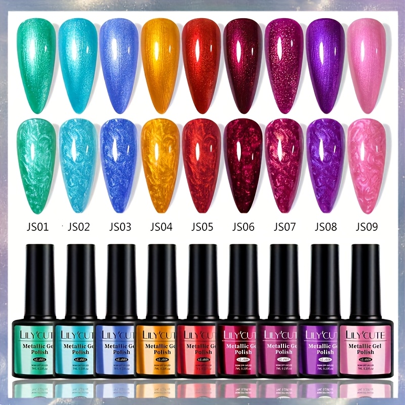LILYCUTE 0.24 oz 9-Piece Multicolor Metallic Glitter Gel Nail Polish Kit for LED Soak-Off Nail Art