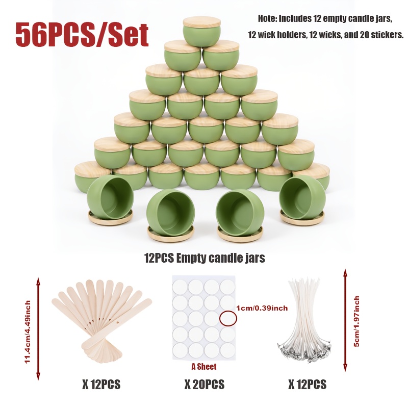 TEMU Kit de fabrication de bougies portable 56 pièces, comprend 12 pots à bougies vides, 12 porte-mèches, 12 mèches et 20 autocollants. Pot à bougie