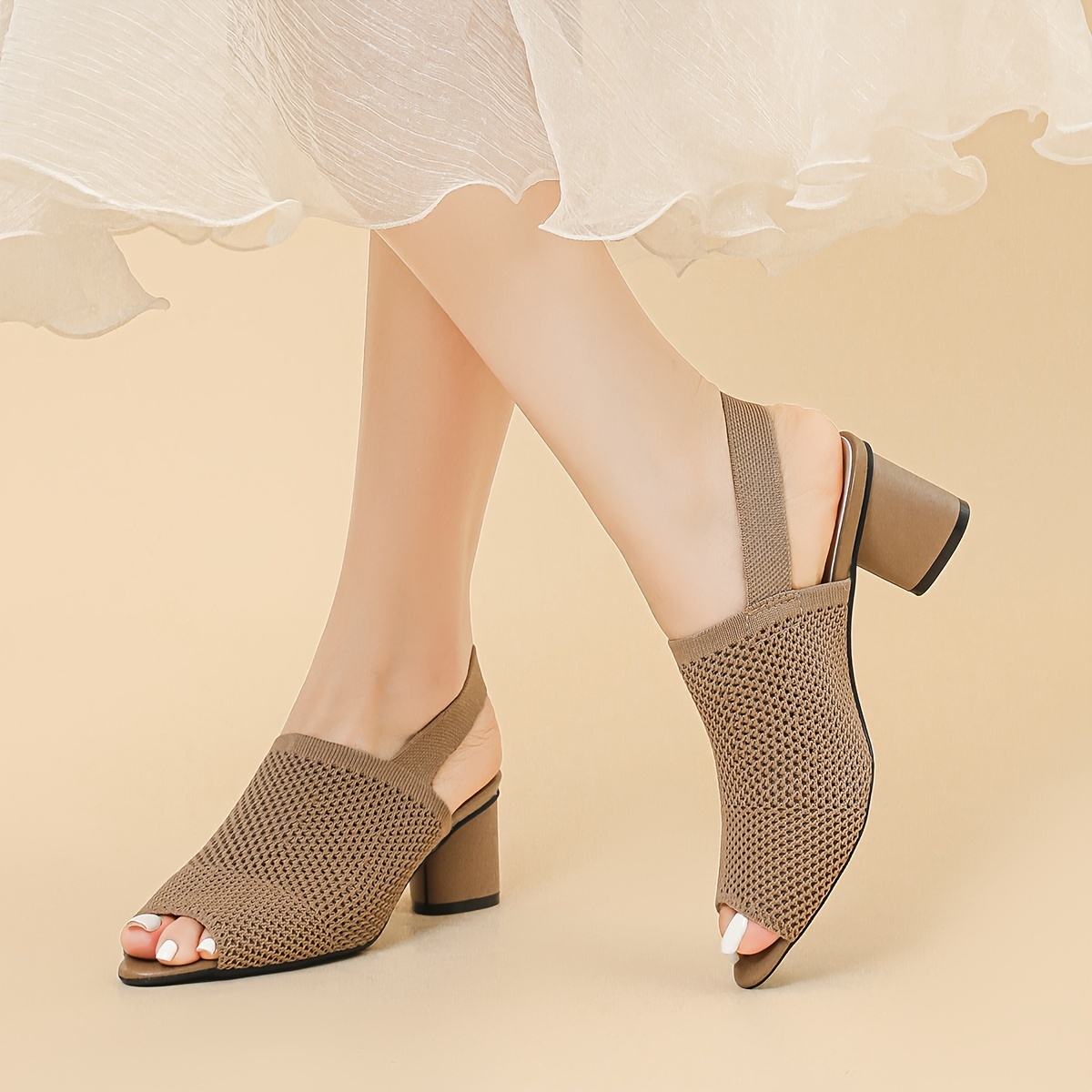 Women's Open-Toe Fish Mouth Cut-Out Breathable Fabric High Heel Chunky Heel Sandals with Open Back and Single Strap, Casual Plus Size Sandals, Women Shoes