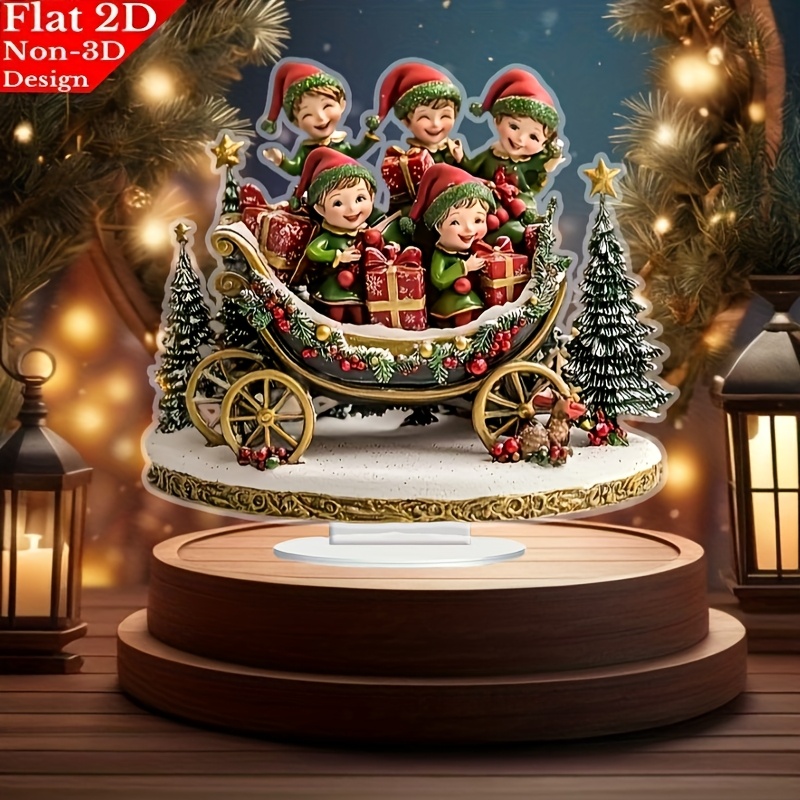 

2d Flat, Merry Christmas Elf Sleigh Acrylic Ornament - Transparent Crystal Desk Decor, Birthday & Graduation Gifts, Office, Bedroom & Home Holiday Party Decoration, Best For Christmas