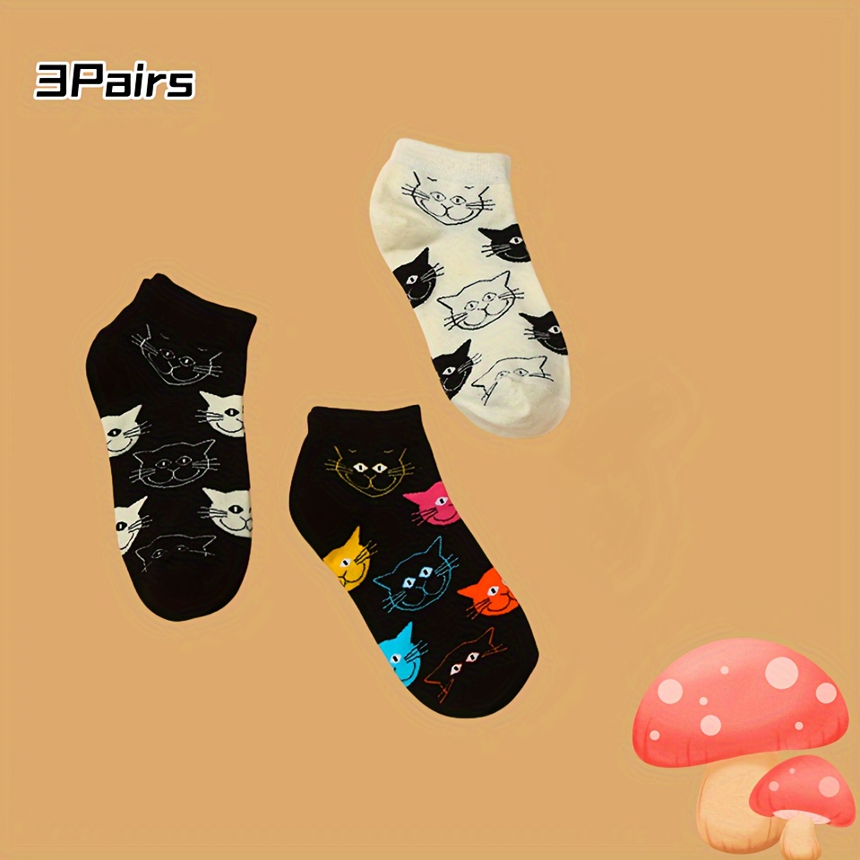 

3 Pairs Cartoon Cat Socks, Cute & Breathable Ankle Socks, Women's Stockings & Hosiery