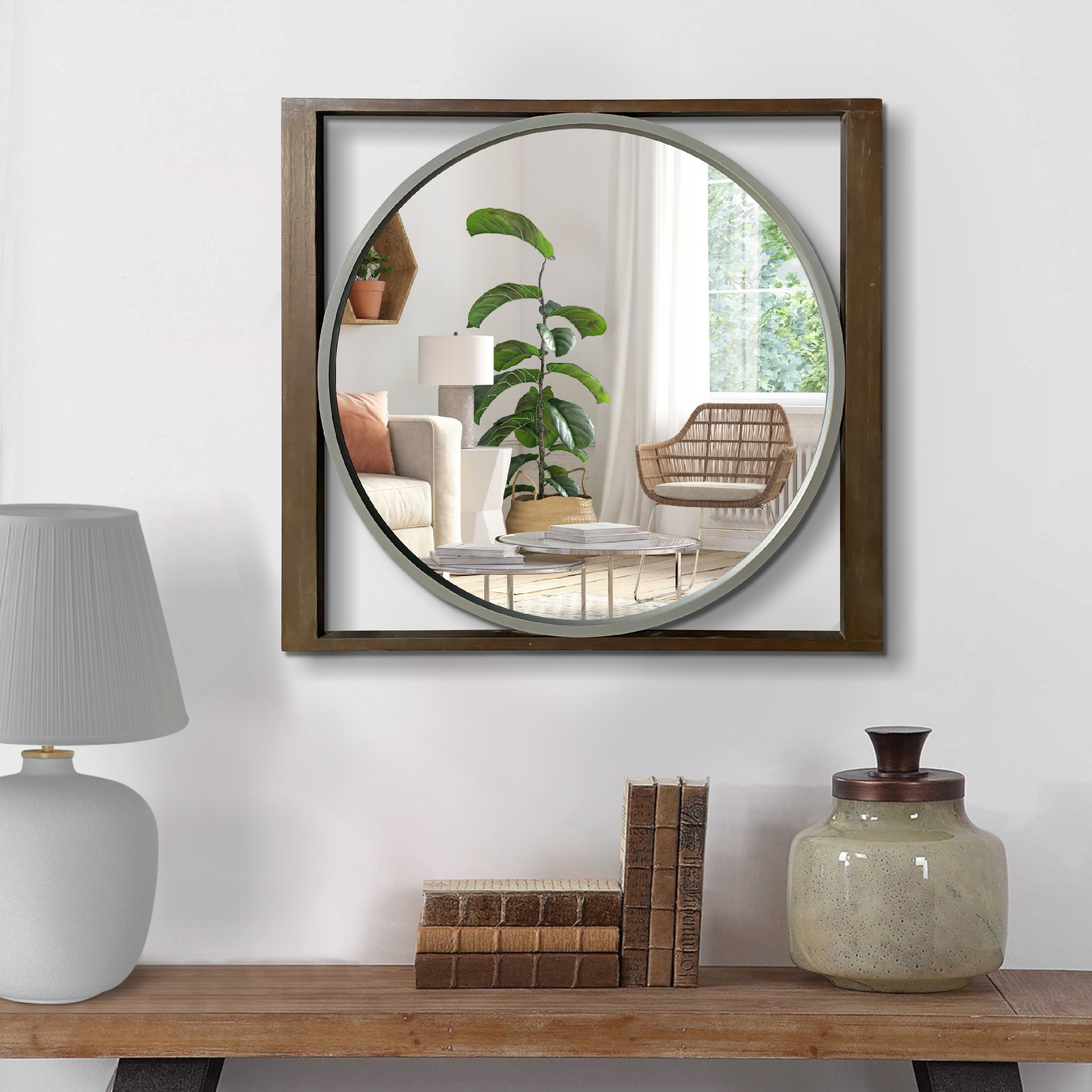 

Round Wall Mirror With Rectangular Wooden Frame, Brown