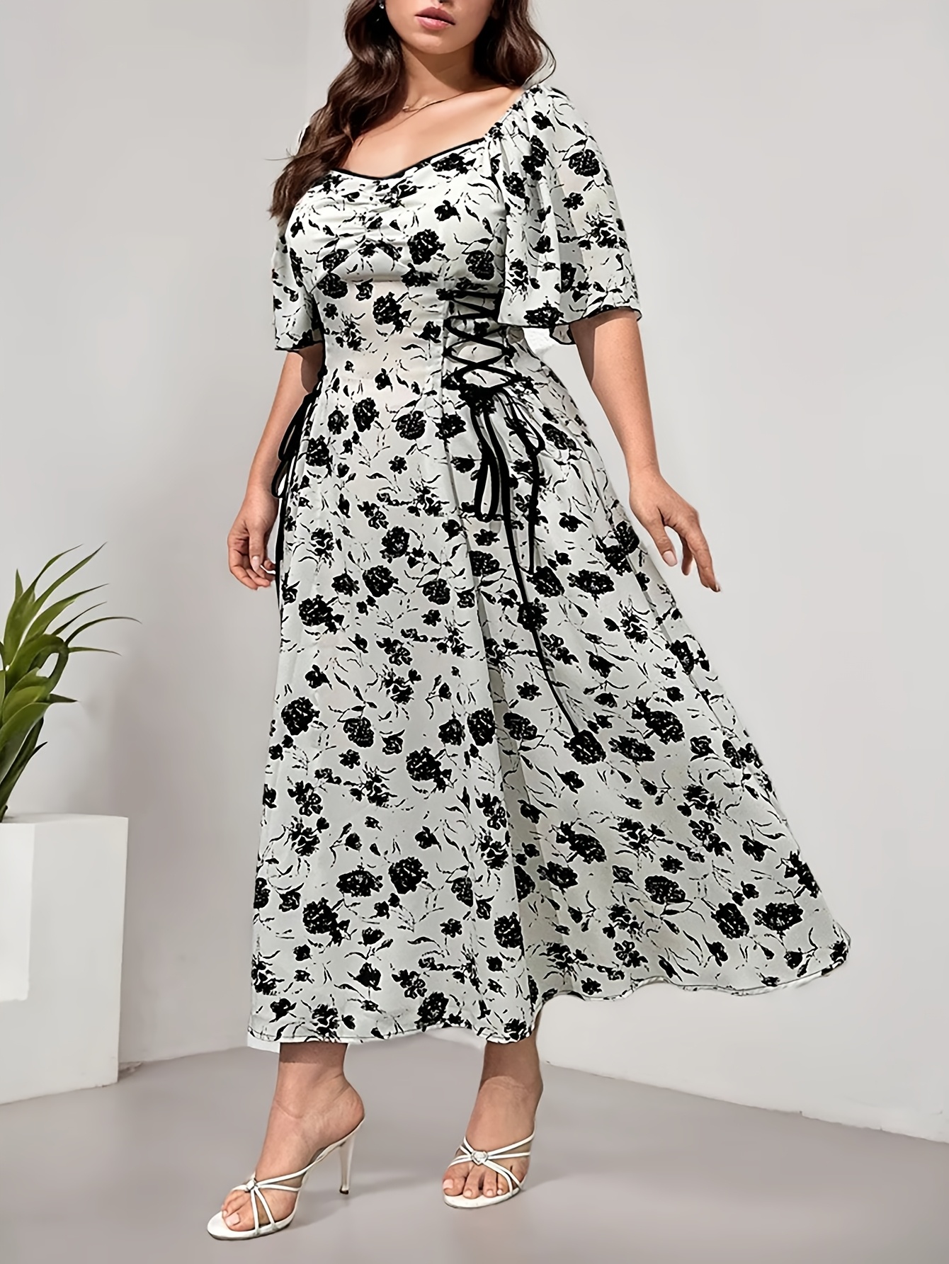 Women'S Plus Size Elegant Floral Print Maxi Dress with V-Neck and Short  Sleeves Casual High-Waist A-Line Skirt, Olive Green Spring/Summ