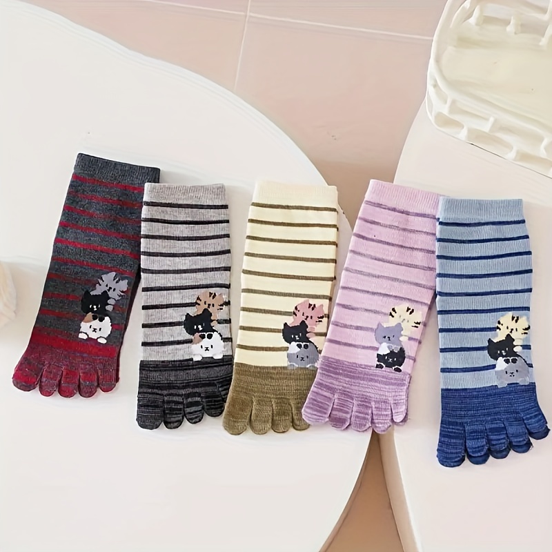 

5 Pairs Whimsycat Women's Striped Toe Socks - Polyester Knit Fabric, Comfortable Breathable Mid-calf Knee-length Socks For Couples