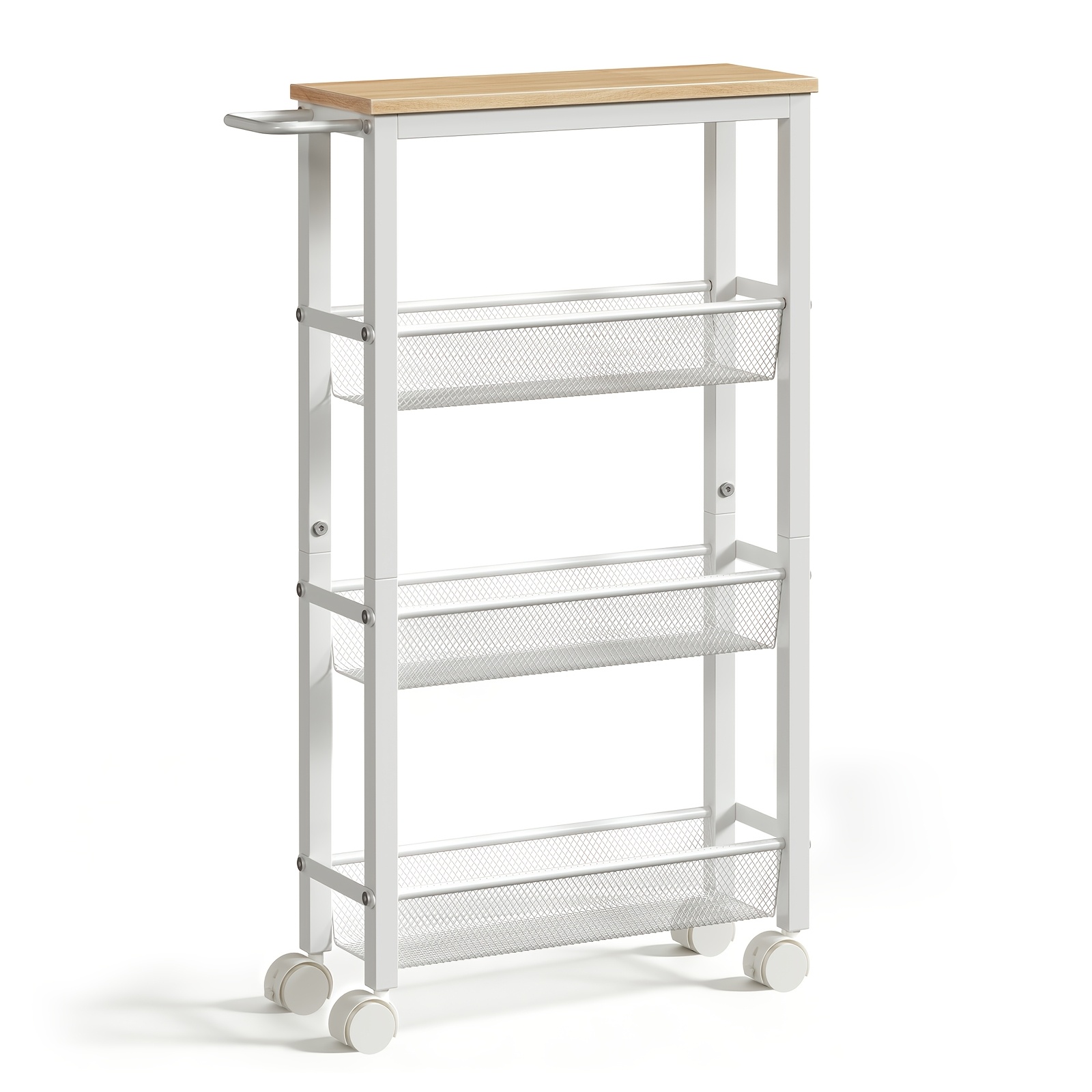 Image of 4-layer Trolley With Wheels - Multi-functional Transport Rack, Iron-wood Material With , Narrow Trolley, Suitable For Study, Office, Kitchen, Living Room And Bathroom, Brown/white