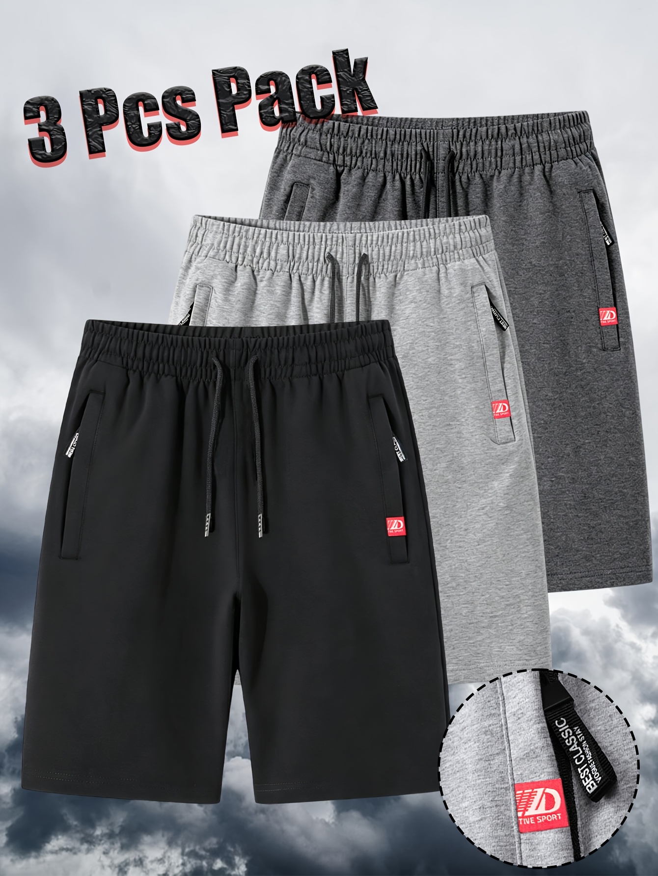 3pcs mens summer casual sports shorts lightweight breathable and comfortable shorts with elastic waistband drawstring and anti loss zippered   suitable for hiking daily wear and fitness training a   for fitness