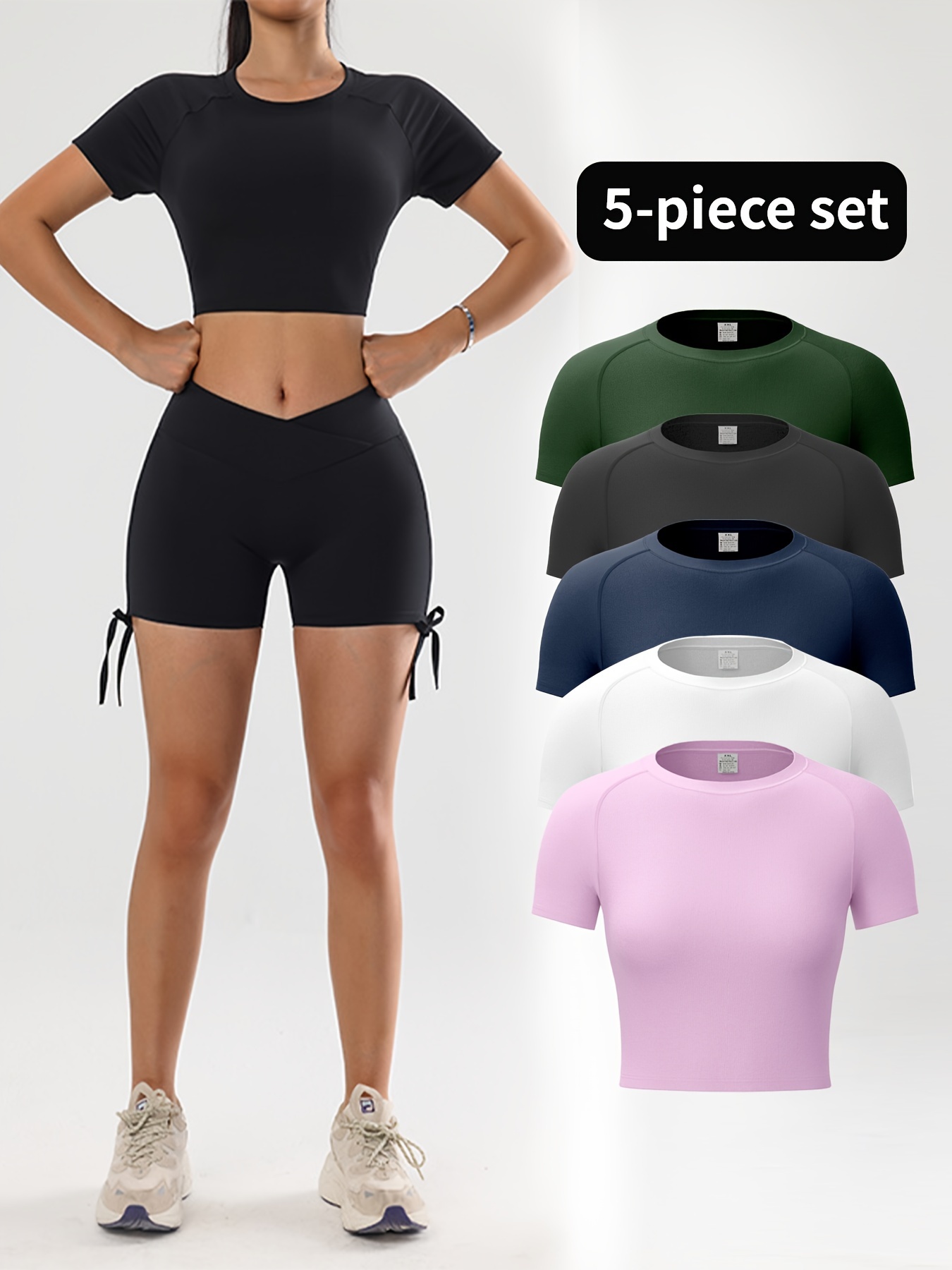 5pcs Solid Color Quick Drying Sports Crop Top, Crew Neck Running Crop Top, Women's Activewear