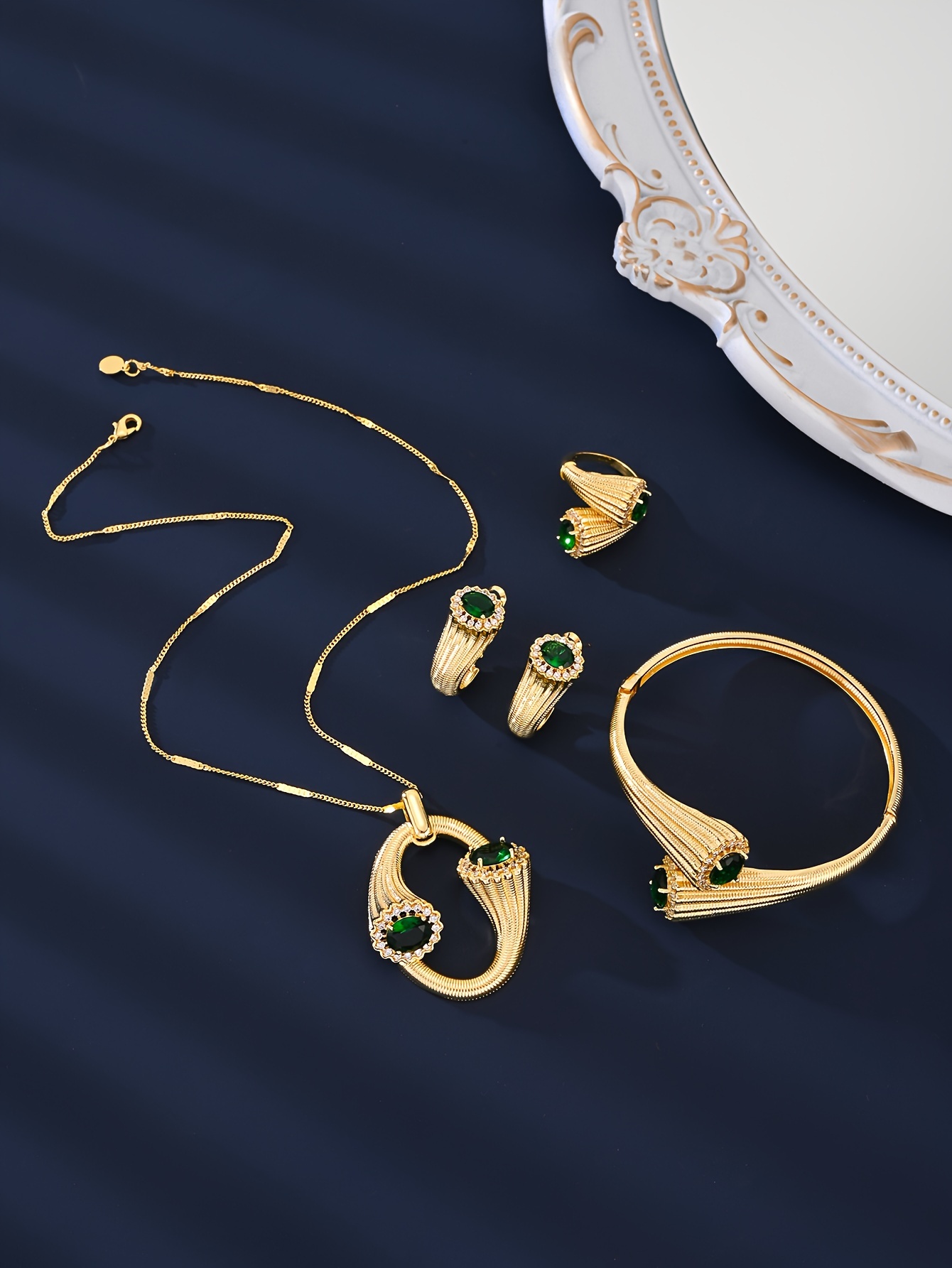 vintage   4 piece gold   copper jewelry set with zirconia accents chic and cute design for daily and party wear ideal valentines day gift   necklace earrings and two bangle style ornamental pieces details 4