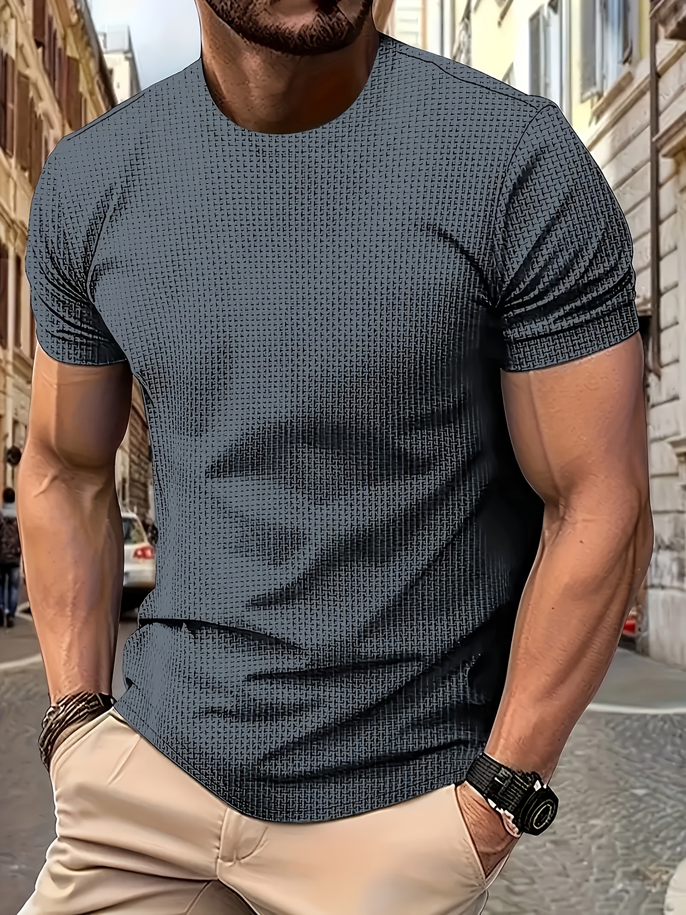 Men's Solid Color Waffle Knit T-Shirt - Breathable Stretch Fabric, Moisture-Wicking Round Neck Short Sleeve Tee for Summer Outdoor Sports & Casual Wear